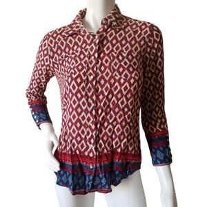 Roper Diamond Print Snap Front Top Boho Contrast Trim Small